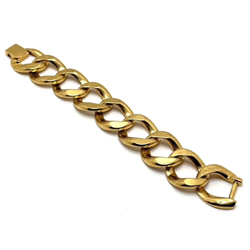 Vintage Chunky Curb Cuban Chain Link Bracelet Gold Tone 1980s Statement 8